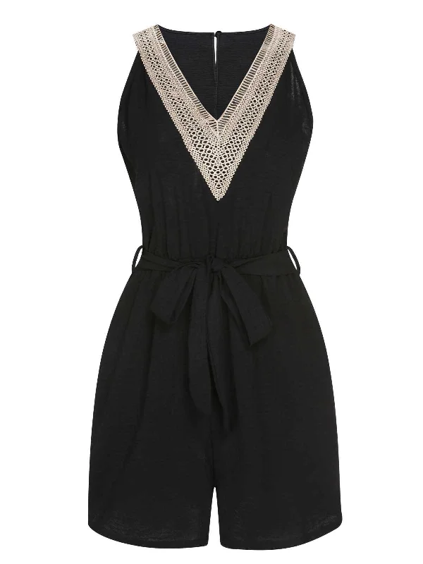 Black 1960s V-Neck Belted Romper