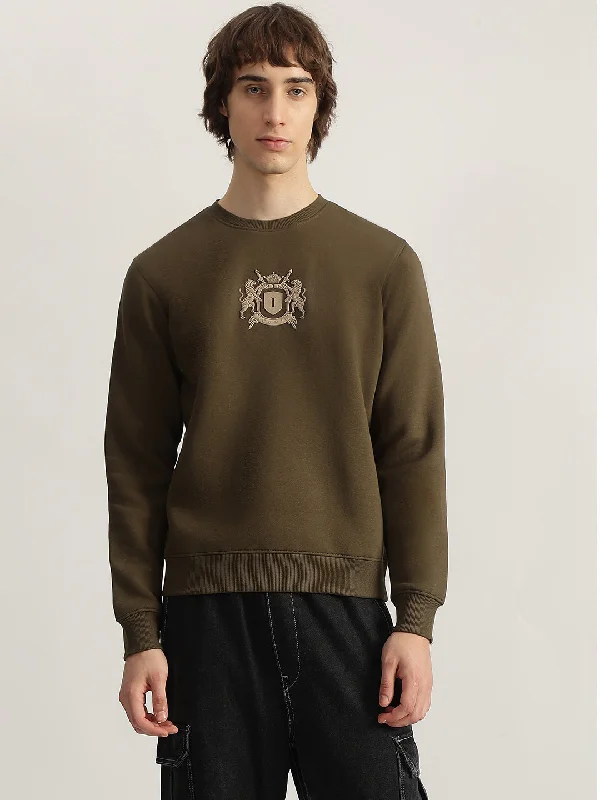 Iconic Men Olive Solid Round Neck Full Sleeves Pullover Style Sweatshirt