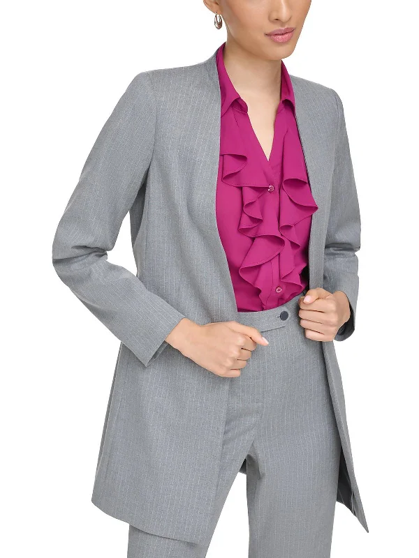 Petites Womens Pinstripe Suit Separate Open-Front Blazer